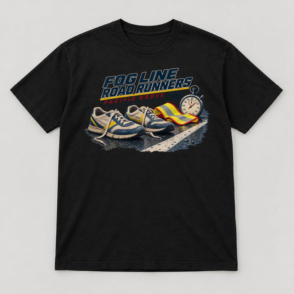 Fog Line Road Runners T-Shirt — black front garment mockup