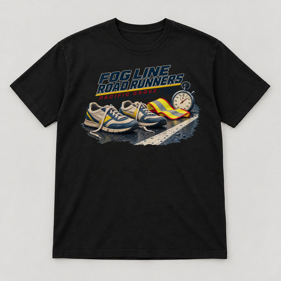 Fog Line Road Runners T-Shirt — black front garment mockup
