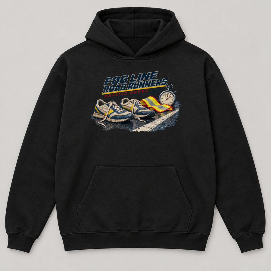 Fog Line Road Runners Hoodie — black front garment mockup