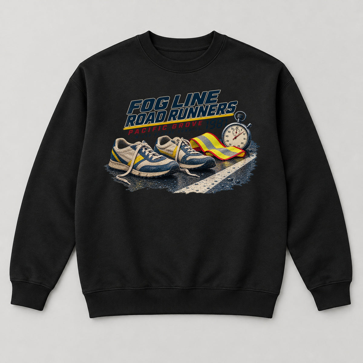 Fog Line Road Runners Sweatshirt — black front garment mockup