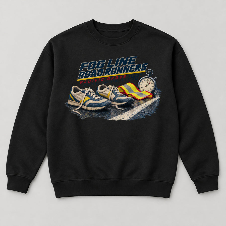 Fog Line Road Runners Sweatshirt — black front garment mockup