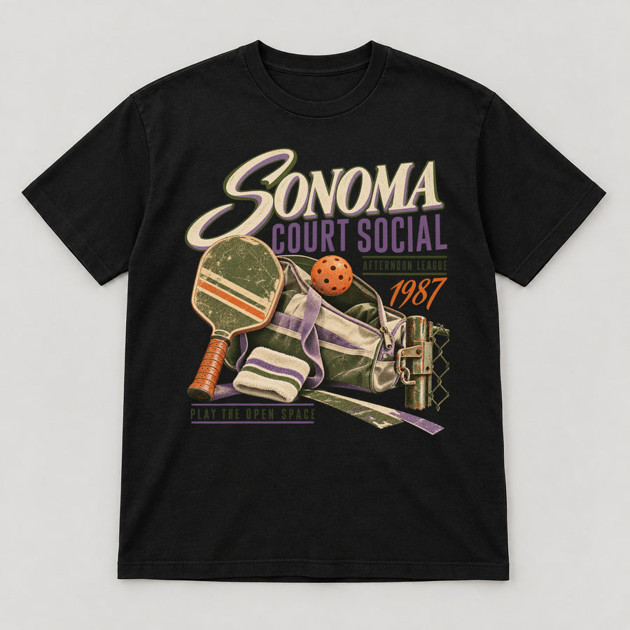 Sonoma Court Social T-Shirt — black front garment mockup