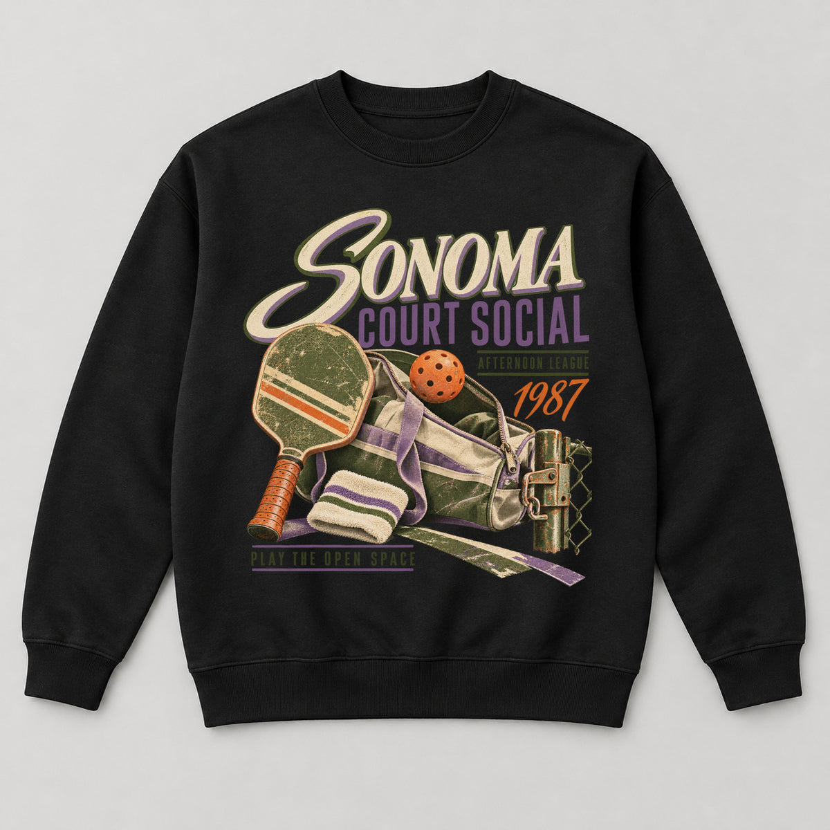 Sonoma Court Social Sweatshirt — black front garment mockup