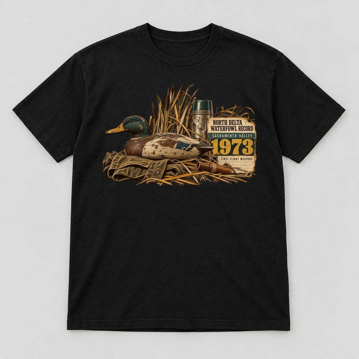 North Delta Waterfowl Record T-Shirt — black front garment mockup