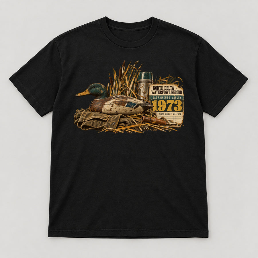 North Delta Waterfowl Record T-Shirt — black front garment mockup