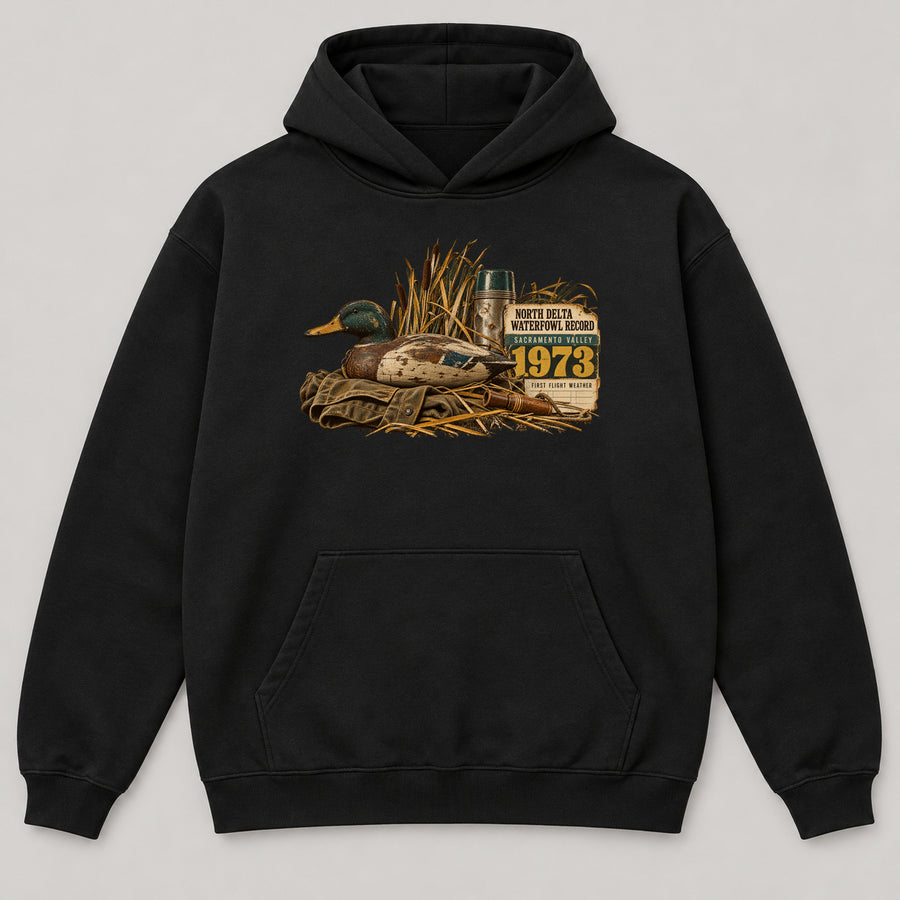 North Delta Waterfowl Record Hoodie — black front garment mockup