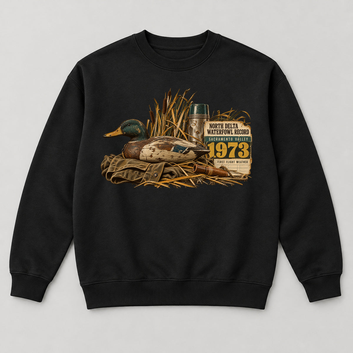 North Delta Waterfowl Record Sweatshirt — black front garment mockup