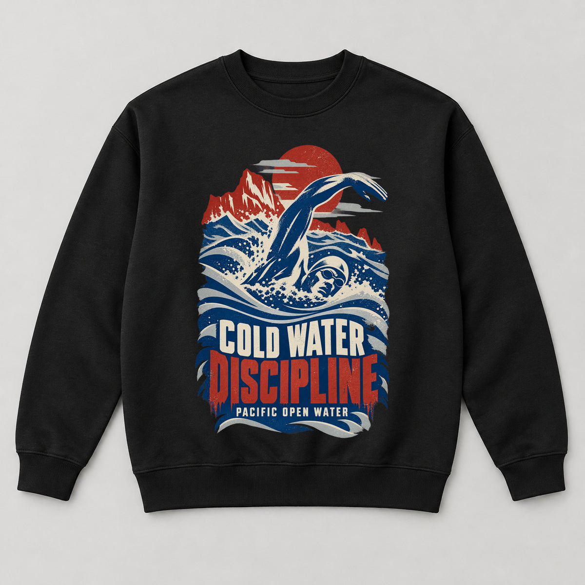 Cold Water Discipline Sweatshirt — black front garment mockup