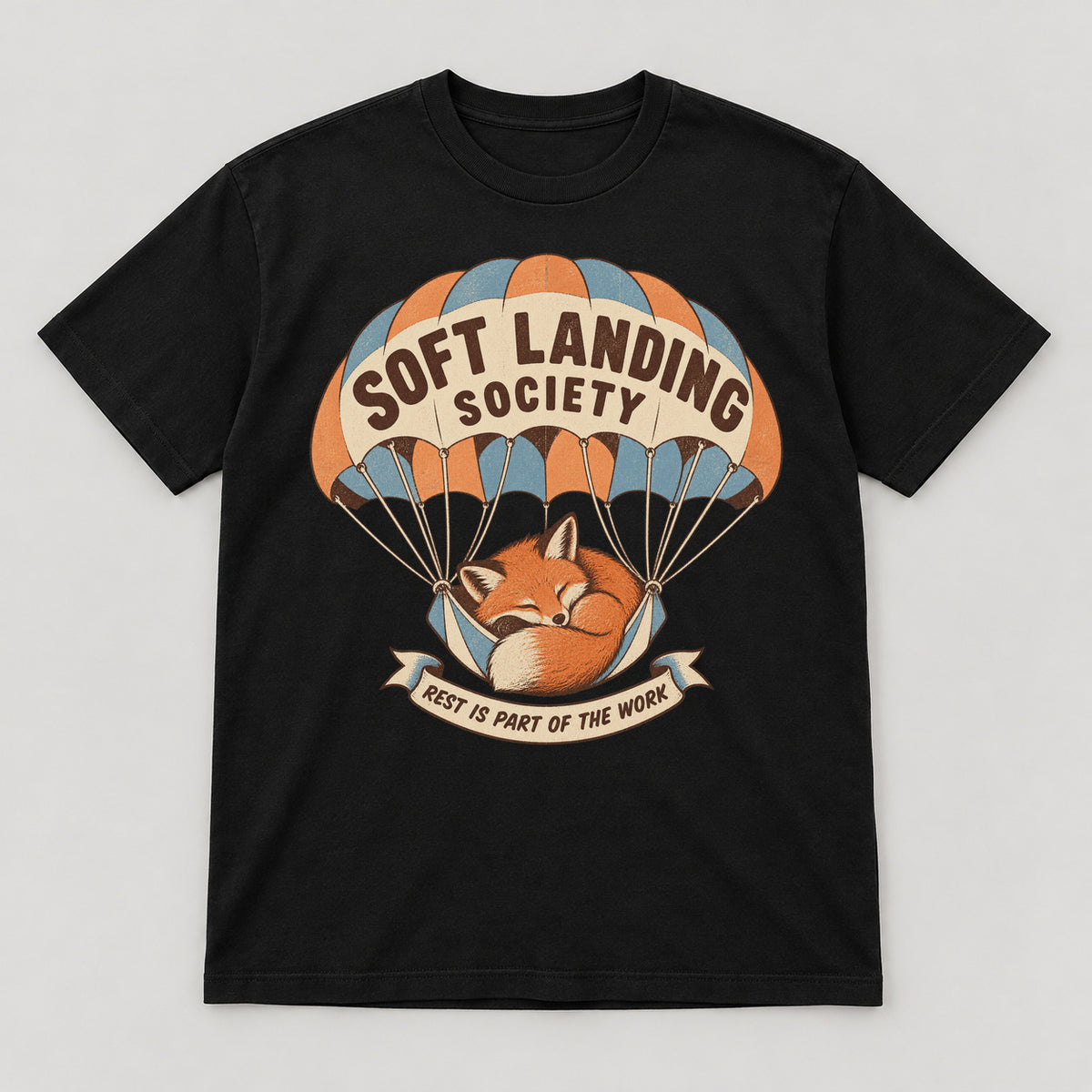 Soft Landing Society T-Shirt — black front garment mockup