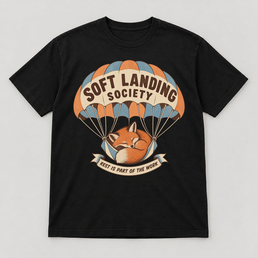 Soft Landing Society T-Shirt — black front garment mockup