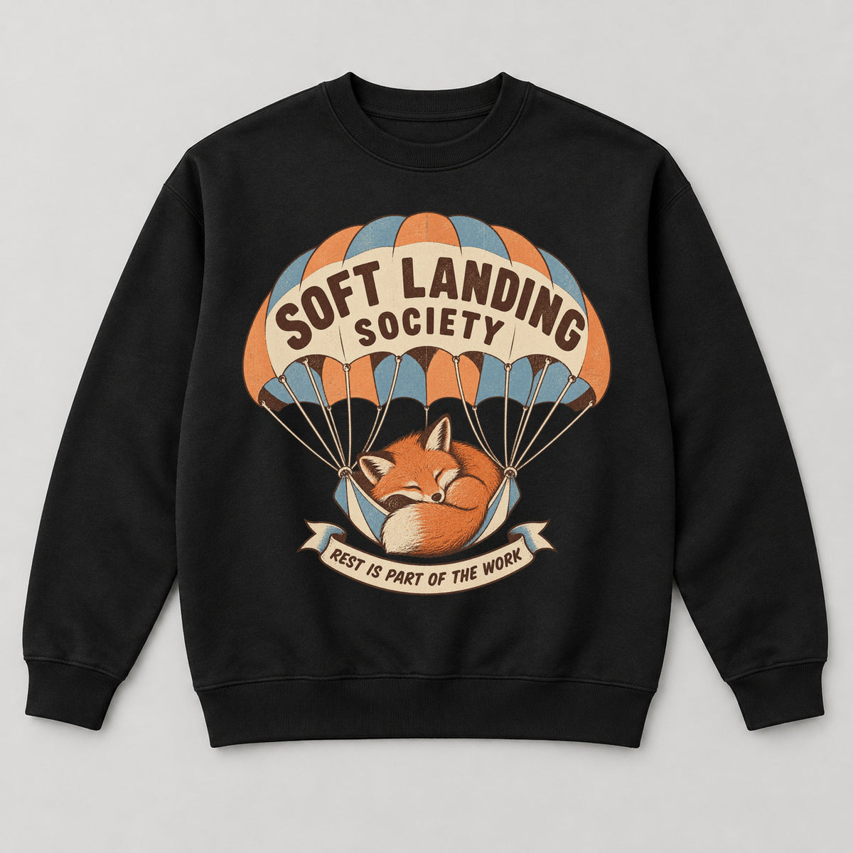 Soft Landing Society Sweatshirt — black front garment mockup