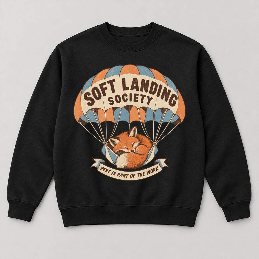 Soft Landing Society Sweatshirt — black front garment mockup