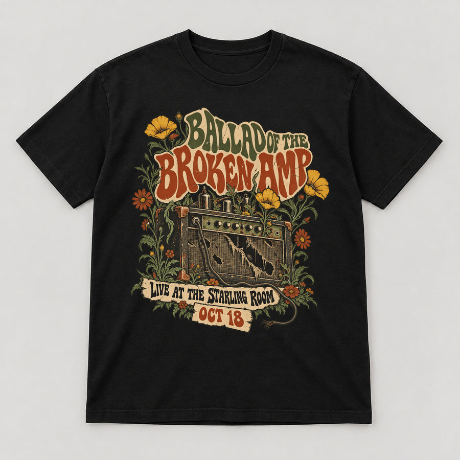 Ballad of the Broken Amp T-Shirt — black front garment mockup