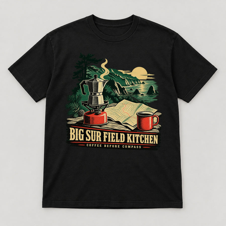 Big Sur Field Kitchen T-Shirt — black front garment mockup