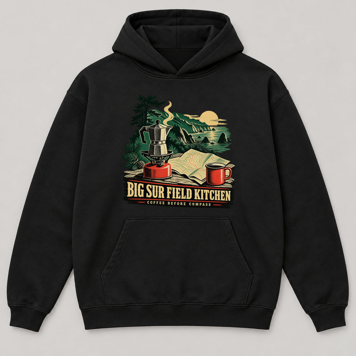 Big Sur Field Kitchen Hoodie — black front garment mockup