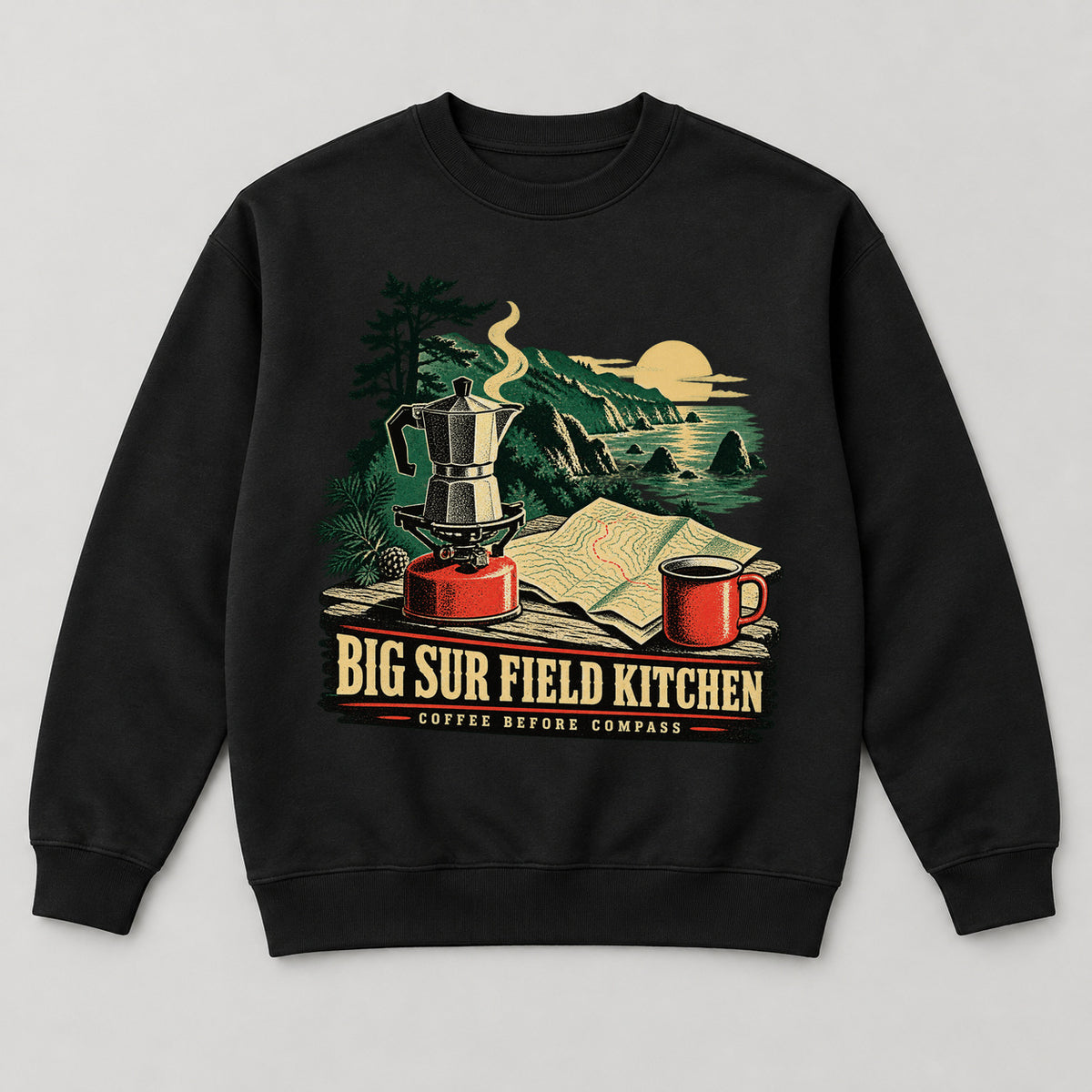 Big Sur Field Kitchen Sweatshirt — black front garment mockup