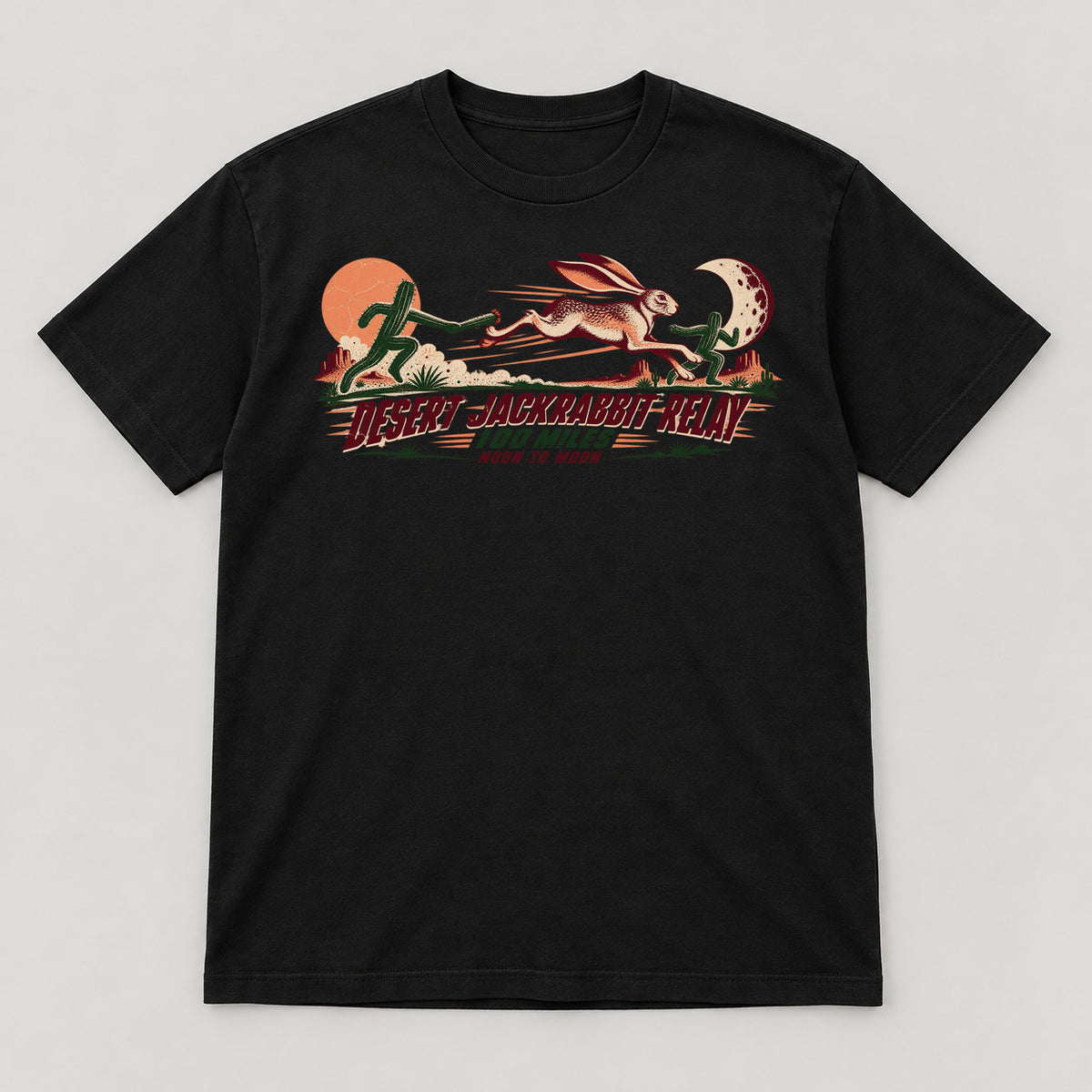 Desert Jackrabbit Relay T-Shirt — black front garment mockup