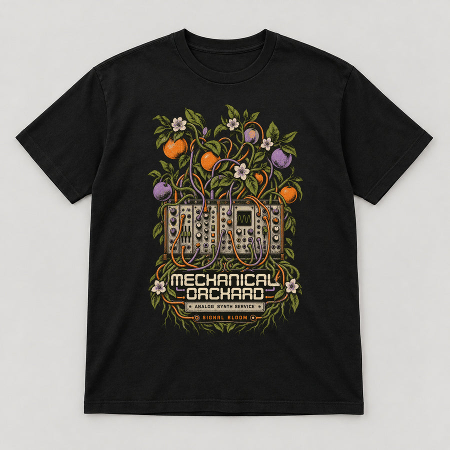 Mechanical Orchard T-Shirt — black front garment mockup