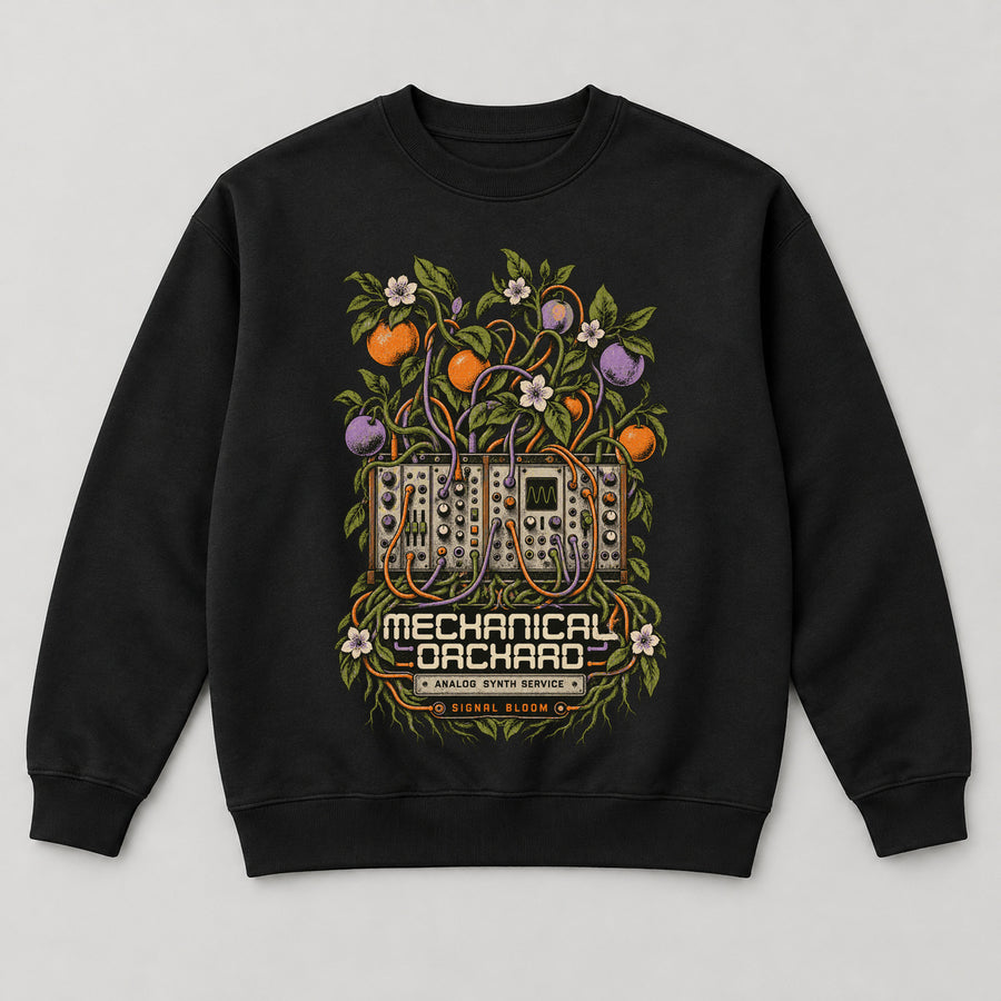 Mechanical Orchard Sweatshirt — black front garment mockup