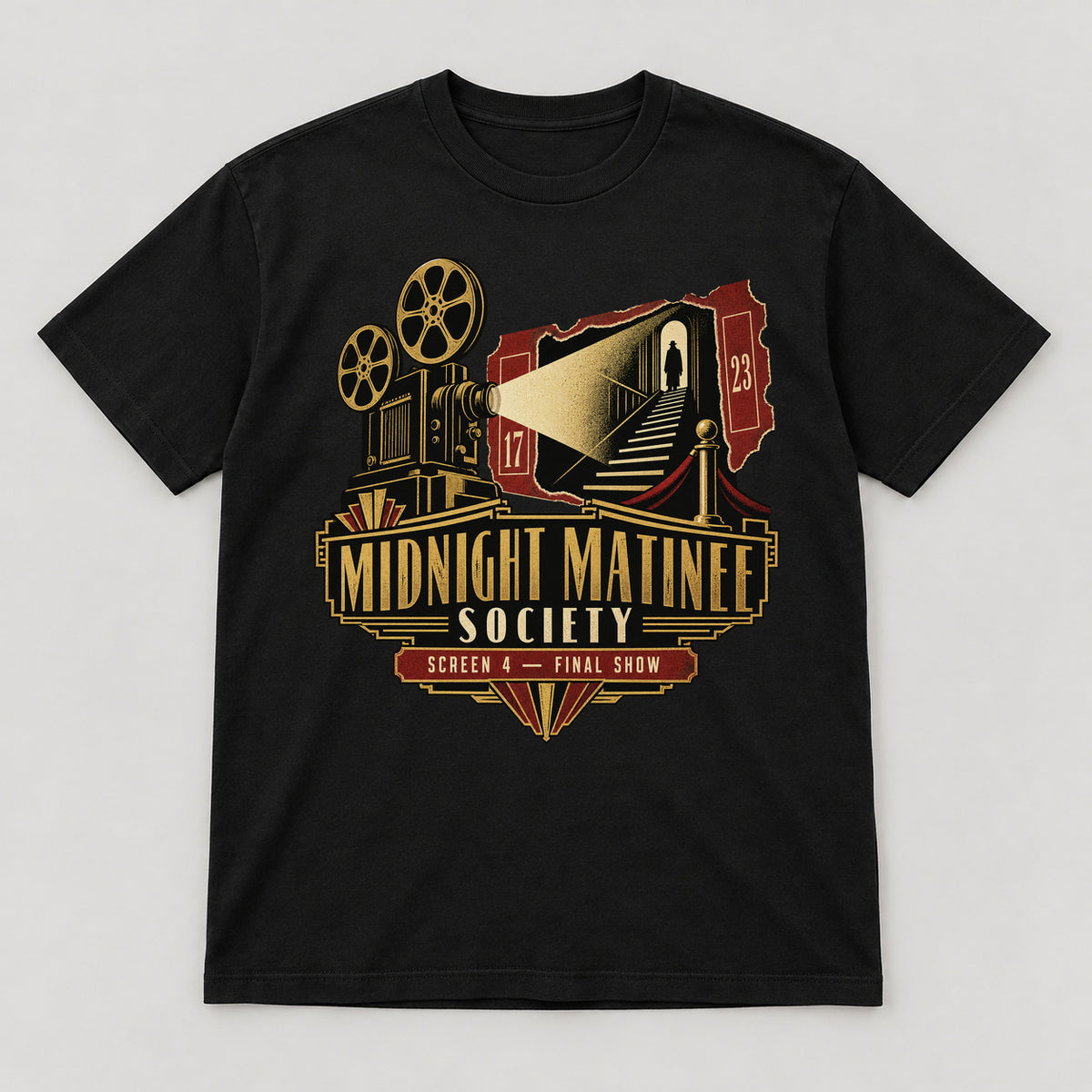 Midnight Matinee Society T-Shirt — black front garment mockup