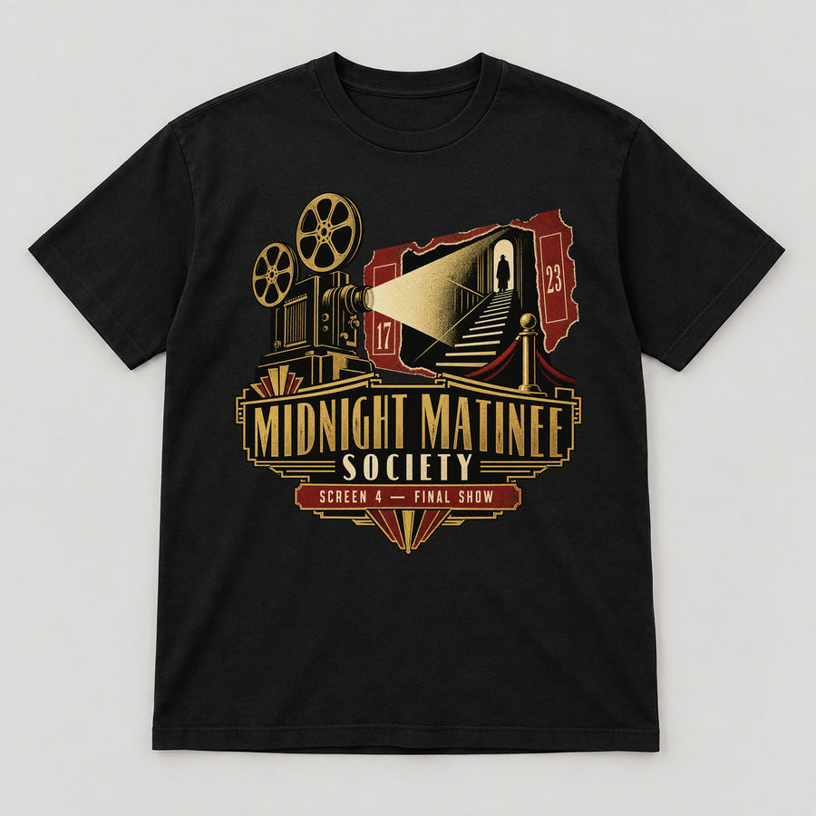 Midnight Matinee Society T-Shirt — black front garment mockup