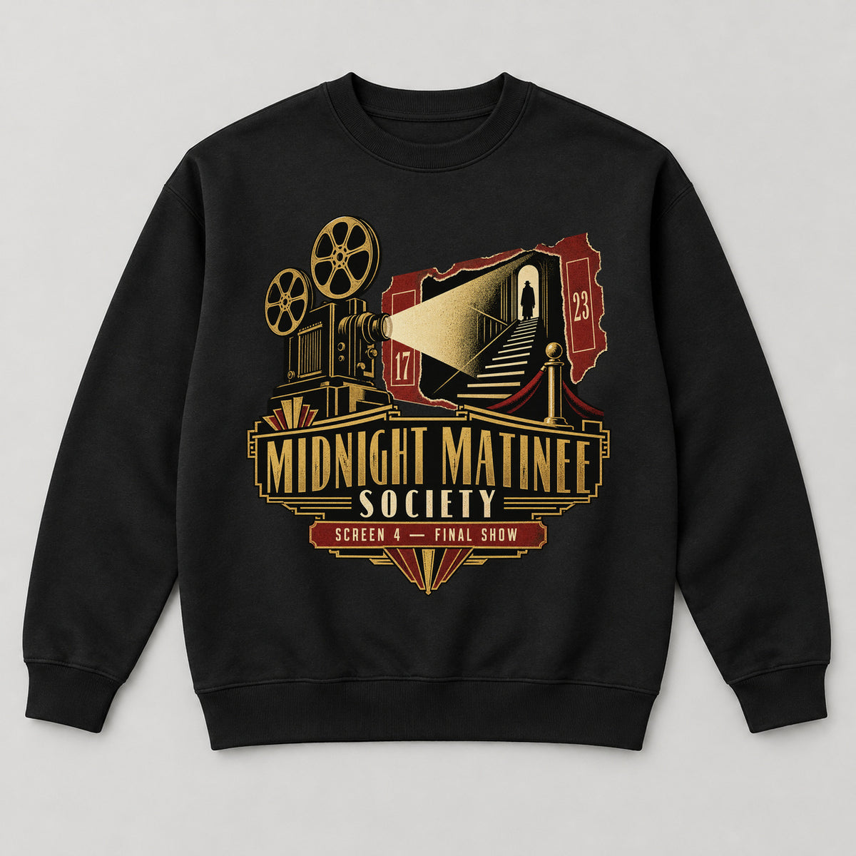 Midnight Matinee Society Sweatshirt — black front garment mockup