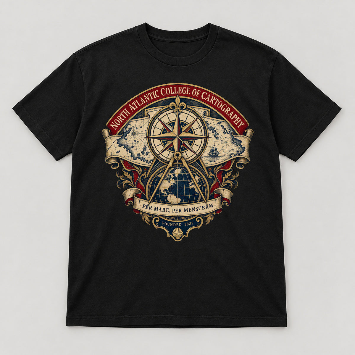 North Atlantic College of Cartography T-Shirt — black front garment mockup