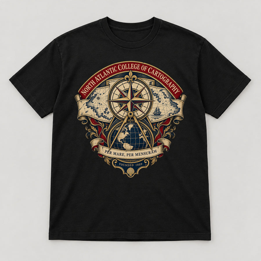 North Atlantic College of Cartography T-Shirt — black front garment mockup