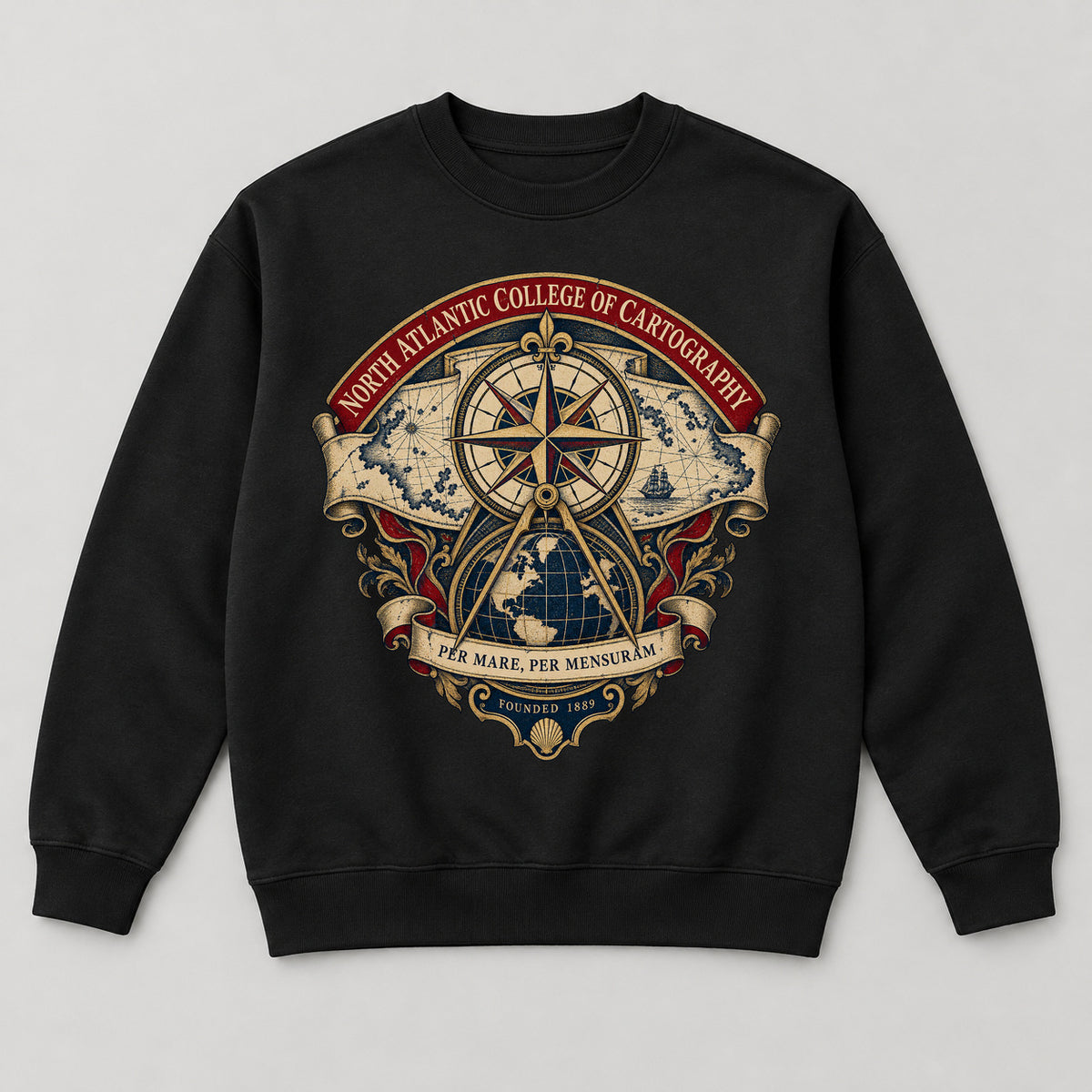 North Atlantic College of Cartography Sweatshirt — black front garment mockup