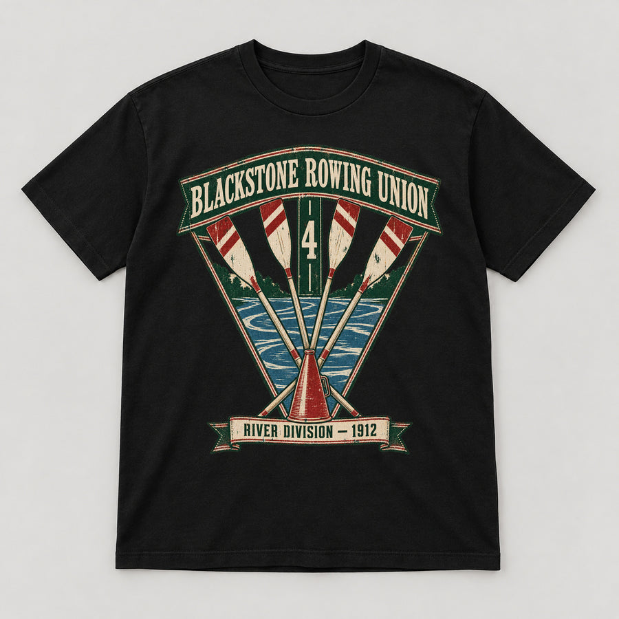 Blackstone Rowing Union T-Shirt — black front garment mockup